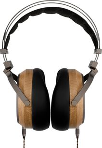 Sivga P2 PRO bedrade hifi-hoofdtelefoon van voren, met lichtbruine oorschelpen, zwarte oorkussens en dubbele zilverkleurige hoofdband