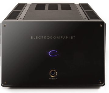Wzmacniacz Electrocompaniet AW800M w kolorze czarnym, przedni panel z szczotkowanego aluminium, podświetlane na niebiesko logo, kratki wentylacyjne na górze