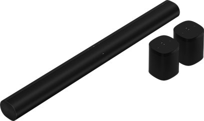 Mat sort cylindrisk soundbar, to matte sorte kubiske højttalere, placeret på en hvid baggrund