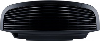 Oval sort plastikventilationsgitter med vandrette parallelle lameller, set forfra på tæt hold