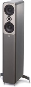 Q Acoustics Concept 50 lakeret grå, gulvhøjttaler, frontvisning, to runde højttalere, rektangulært mørkt gråt kabinet