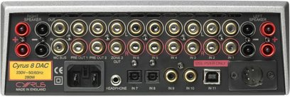 Sort Cyrus 8 DAC hi-fi stereoforstærker, frontpanel, frontvisning. Grå frontpanel med knapper, stik og røde indikatorlys