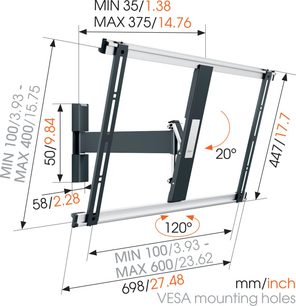 Vægbeslag THIN 525 fra Vogel's i sort, set fra siden med mål i mm/tommer, drejeligt armsystem foldet ud i 120°