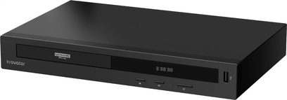 Svart Krovatar KBU-300 4K Blu-ray-spelare, sedd snett framifrån, med skivsläde, display och USB-port på framsidan