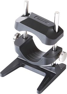 Furutech NCF Booster accessory in matte black metal, front perspective view, with two cylindrical clamps and two vertical rods