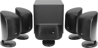 Bowers & Wilkins MT-50 sort højttalerpakke i mat sort, bestående af 5 kompakte højttalere og en kubisk basreflekskabinet