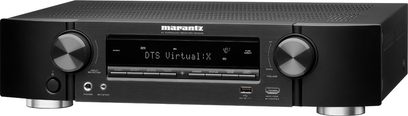 Marantz NR1609 Schwarz Heimkino-Verstärker, Frontansicht, Display "DTS Virtual:X", Tasten und Anschlüsse an der Vorderseite