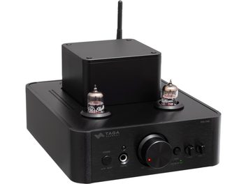 Taga Harmony HTA-700B v.3 negru, amplificator stereo integrat cu tuburi, finisaj lăcuit negru, două tuburi vizibile deasupra, buton mare de volum central, butoane de selecție, mufă pentru căști, antenă pe spate, vedere din unghi de trei sferturi față
