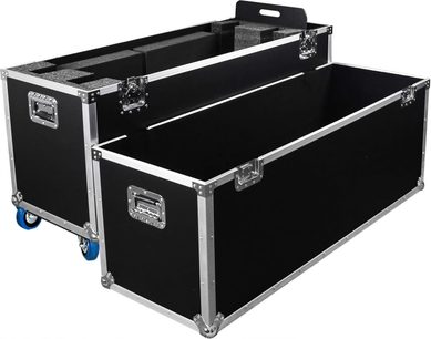 Cutie de transport Power Acoustics Flight pentru două ecrane 50 MK2 neagră, deschisă, cu margini argintii și roți albastre