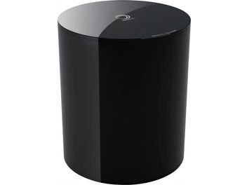 Subwoofer Elipson Planet Sub v černém lesklém laku, pohled shora, válcový tvar, lesklý černý povrch, stříbrné logo