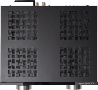 Sort integreret stereo hi-fi-forstærker Y-50, set oppefra, stort kabinet med kvadratiske ventilationsgitre og bagudvendt antenne