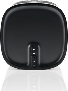 Enceinte sans fil connectée Sonos Play:1 noir, vue de face, forme cylindrique arrondie, grille noire, boutons sur le dessus