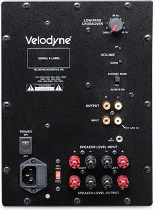 Velodyne CHT12Q subwoofer, frontvisning af kontrolpanelet med knapper, indikatorer og audio-stik