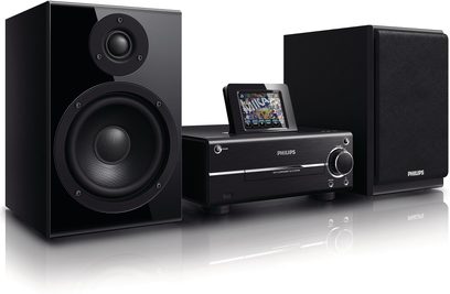 Philips MCI730 sort hi-fi-anlæg, set forfra, bestående af to højttalere og en cd-afspiller med integreret farvedisplay