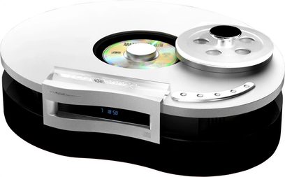 Consonance Droplet CDP 5.0 H.D sort CD-afspiller, set oppefra, sølvfarvet bakke, iriserende disk, sorte knapper