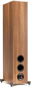 Sloupcový reproduktor MartinLogan Foundation F2 v ořechovém dřevě, přední strana s dvěma kulatými černými reproduktory, pohled zepředu