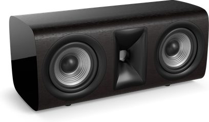 Centrální reproduktor JBL Studio 625C dark walnut, pohled zepředu, tmavě dřevěný obdélníkový korpus, dva černé kruhové reproduktory