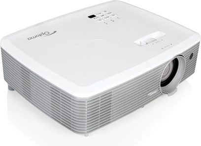 Optoma HD27LV hvid videoprojektor, trekvartersperspektiv forfra, top med knapper og logo, linse foran