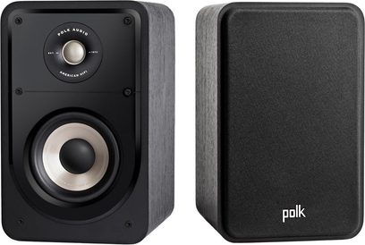Polk Audio S15e sort bogreol højttaler set forfra og fra siden, diskant- og mellemtone/basenhed synlige
