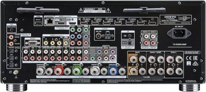 Domácí kino Onkyo TX-RZ900 v černé barvě, přední pohled, čelní záběr, mnoho konektorů a tlačítek, centrální LCD displej
