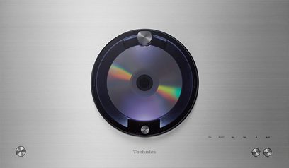 Technics SC-C70MK2EGS højttaler, set forfra, med indsat cd, iriserende refleksioner på fronten, kontrolknapper