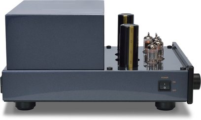 PrimaLuna EVO 100 sort stereo-forforstærker, frontvisning, 2 rør, tænd/sluk-knap, mørk mat rektangulær kabinet