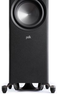 Polk Audio R700 sort søjlehøjttaler, tæt forfra, diskant og højttaler synlige, base med fødder