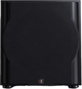 Perlisten R12s subwoofer, vooraanzicht, zwarte grille, vierkante vorm, logo gecentreerd onderaan, afgeronde hoeken, zichtbare voeten