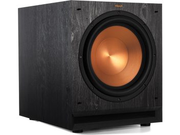 Klipsch SPL-120 baslåda, sedd från vinkel, svart texturerat kabinett, cirkulär kopparhögtalare i mitten, matt svart kant