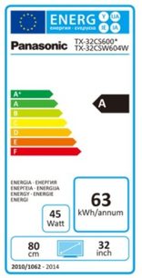 Energimærke for Panasonic TX-32CS600E TV, energiklasse A, årligt energiforbrug 63 kWh, skærmdiagonal 80 cm