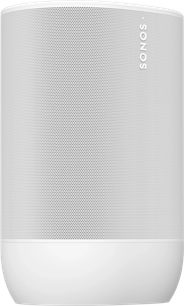 Barra de som Sonos ARC Ultra + Move 2 branco fosco, vista frontal, grade perfurada, logotipo vertical, forma cilíndrica