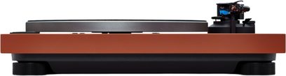 Technics SL-40CBT vinylpladespiller i terracotta, metalplade, tonearm til højre, gummifødder, forfra set