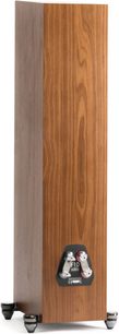 Cassa a colonna Motion F10 con finitura in legno, vista posteriore che mostra connettori neri e argentati su una base a 4 piedi