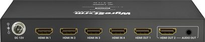 Wyrestorm MX-0402-STD sort HDMI-switch og -splitter med 4 HDMI-indgange, 2 HDMI-udgange og 1 lydudgang, frontpanel