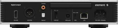Matrix Audio Element S netværksafspiller i sølvfarvet aluminium, sort bagpanel set forfra, digital tilslutning inklusive IIS‑LVDS HDMI, AES/EBU XLR, koaksial RCA orange, TOSLINK optisk, USB‑A, USB‑B, USB‑C, LAN RJ45 og IEC strømstik