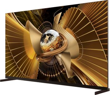 TCL 85X11L TV 2026 med smalle kanter, set forfra i vinkel, med abstrakt gyldent motiv og sorte fødder