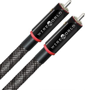 Analogt RCA-lydkabel Wireworld Silver Eclipse 10 med sorte cylindriske stik, røde ringe og mørkegrå flettet kappe