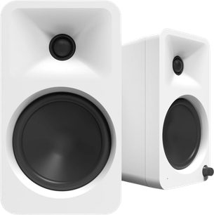 Paar Kanto ORA4 WLAN-Lautsprecher mit mattem, weißem Hartgehäuse, schwarzem Rundwoofer im unteren Bereich, schwarzem, in ein konisches Horn eingelassenem Hochtöner im oberen Bereich und Drehregler an der Rückseite des hinteren Lautsprechers, aus vorderer Dreiviertelansicht