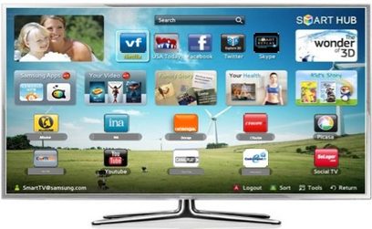Samsung UE50ES6900 tv set forfra, skærmen viser en brugergrænseflade med applikationsikoner og et billede af et smilende par på en mark