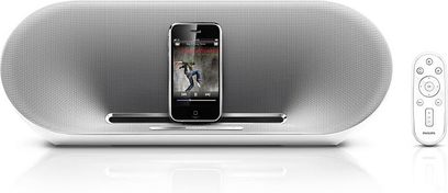 Hvid ellipseformet Philips DS8500 multimediehøjttaler med iPhone-dockingstation i midten, set forfra