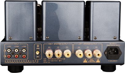 Amplificator stereo integrat cu tuburi Cayin MT-35MK2 Bluetooth negru, șasiu metalic negru, vedere din spate completă cu trei capace dreptunghiulare, borne pentru difuzoare aurii, trei intrări RCA stânga și dreapta, port antenă Bluetooth central și priză de alimentare în dreapta