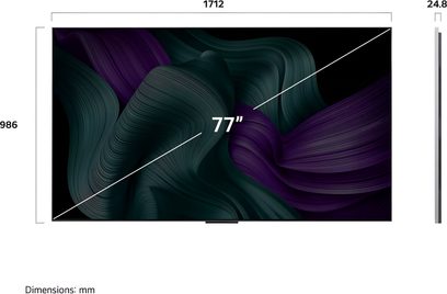 LG OLED77M5 sort TV, 77-tommers glas-skærm fra kant til kant med ultratynd ramme, vist forfra med slankt sideprofil