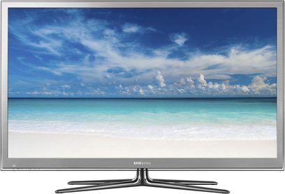 Samsung PS51D8000 tv der viser en strand, mørkegrå ramme, på buet metalfod, set forfra