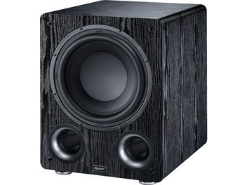 Subwoofer Alpha RS 12 nero, vista angolare, parte frontale con altoparlante circolare centrale e 2 condotti rotondi in basso