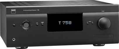 NAD T758 V3i graphite hjemmebiograf-forstærker, set forfra, med "T758"-display, knapper og stik på forsiden