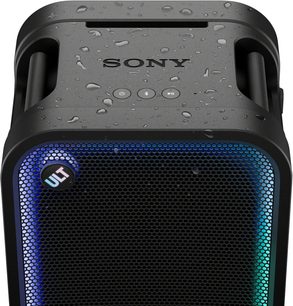 Bærbar svart Sony ULT TOWER 7 Bluetooth-høyttaler, sett forfra, blått opplyst gitter og sidehåndtak
