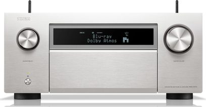 Amplificatore home theater Denon AVC-A1H argento, pannello frontale in alluminio spazzolato, display LCD blu, manopole rotanti, design sobrio ed elegante