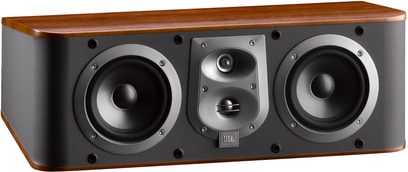 Enceinte centrale JBL ES25C cerisier, vue de face, 3 haut-parleurs circulaires noirs dans un boîtier en bois rectangulaire