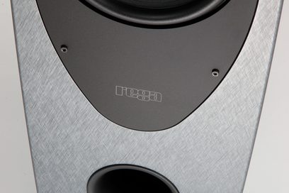 Enceinte colonne Rega Aya, vue de face rapprochée, tweeter et woofer visibles, finition gris métallisé