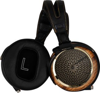 Sluchátka Sendy Audio Peacock Zebra s otevřenou konstrukcí, ze zebraného dřeva, s černými koženými polstrováním a kovovou kulatou mřížkou s geometrickým vzorem
